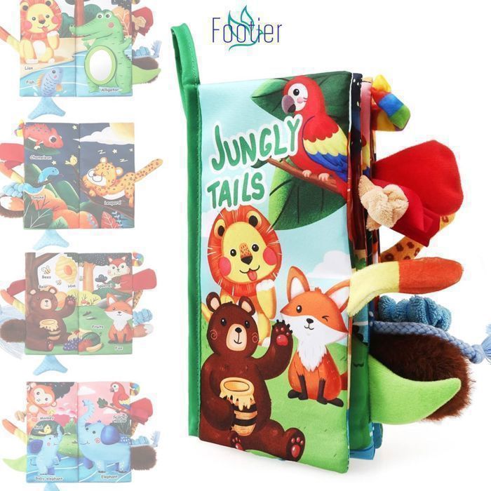 Juguetes Montessori para bebés de 0 a 12 meses para el aprendizaje temprano, libro sensorial de tela con animales y espejo (Mundo de la Selva)