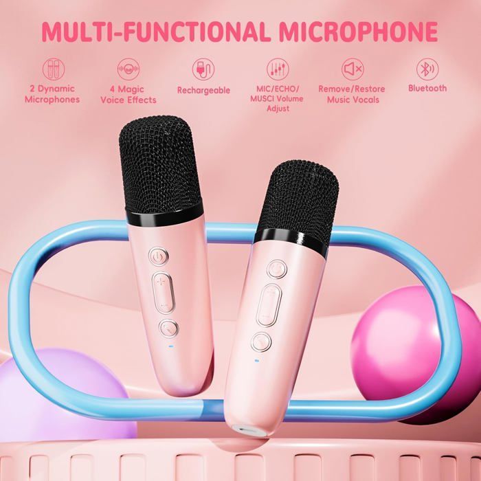 Set de micrófonos de karaoke para niños y adultos con 2 micrófonos inalámbricos, altavoz de karaoke Bluetooth portátil, luz LED de karaoke, regalo de Navidad para niños, juguete para niñas