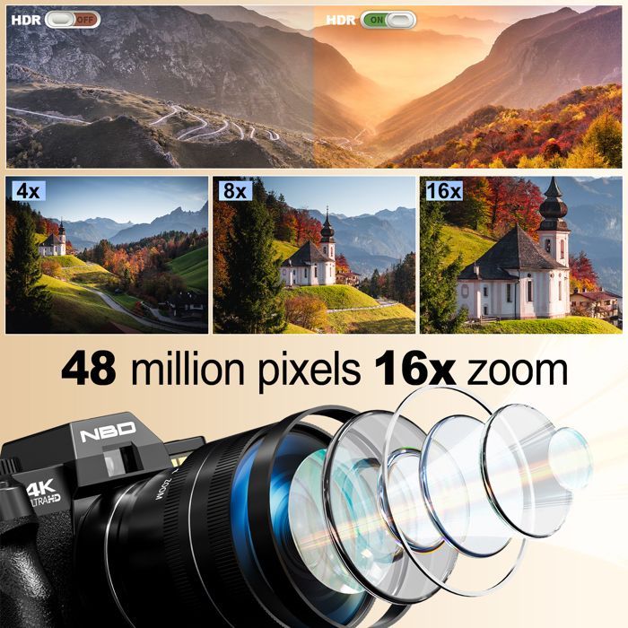 Videocamera digitale NBD - Videocamera 4K - Zoom digitale 16x - Nera