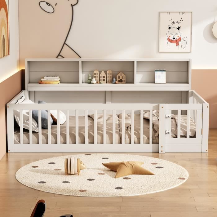 Lastensänky - LEYTN - 90x200cm - mäntypuuta ja MDF-levyä - 4 lokeroa - Turvakaiteet
