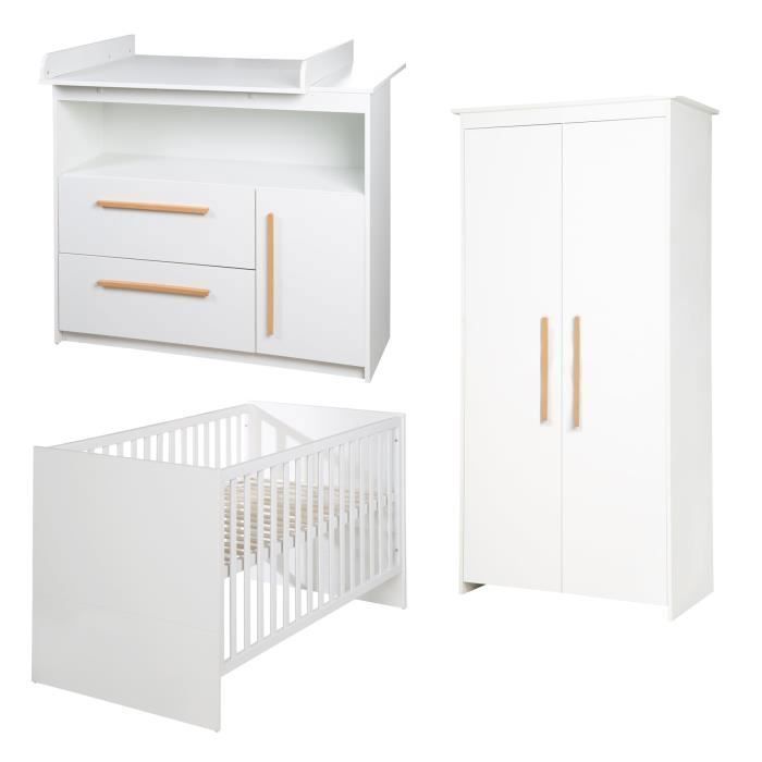 Conjunto completo para habitación infantil Lilo - ROBA - Cuna convertible de 70x140 cm + cambiador + armario de 2 puertas - Blanco