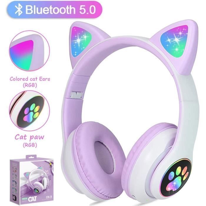 Casque Bluetooth Enfants - Mignon - Oreilles de Chat - LED Multicolores - Son Stéréo - Rechargeable