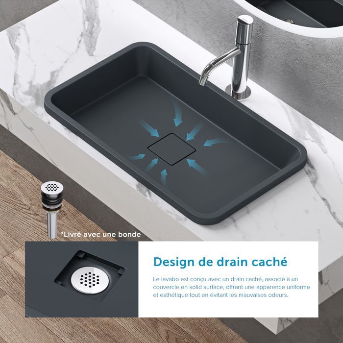 Lavabo empotrado Doporro, gris antracita mate/negro, 53 x 33 x 10,5 cm, lavabo rectangular con tapa de desagüe, Colossum104