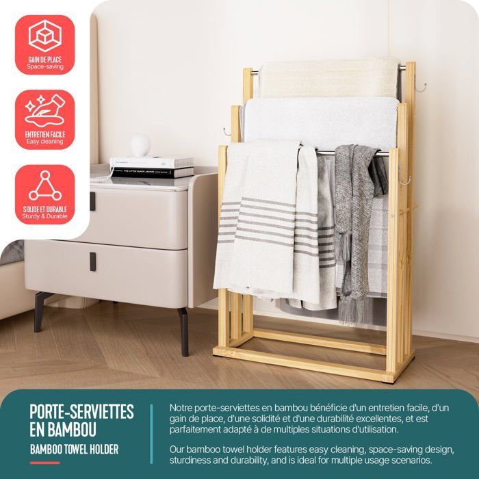 Toallero independiente VOUNOT® - Soporte de 3 niveles con ganchos - Bambú