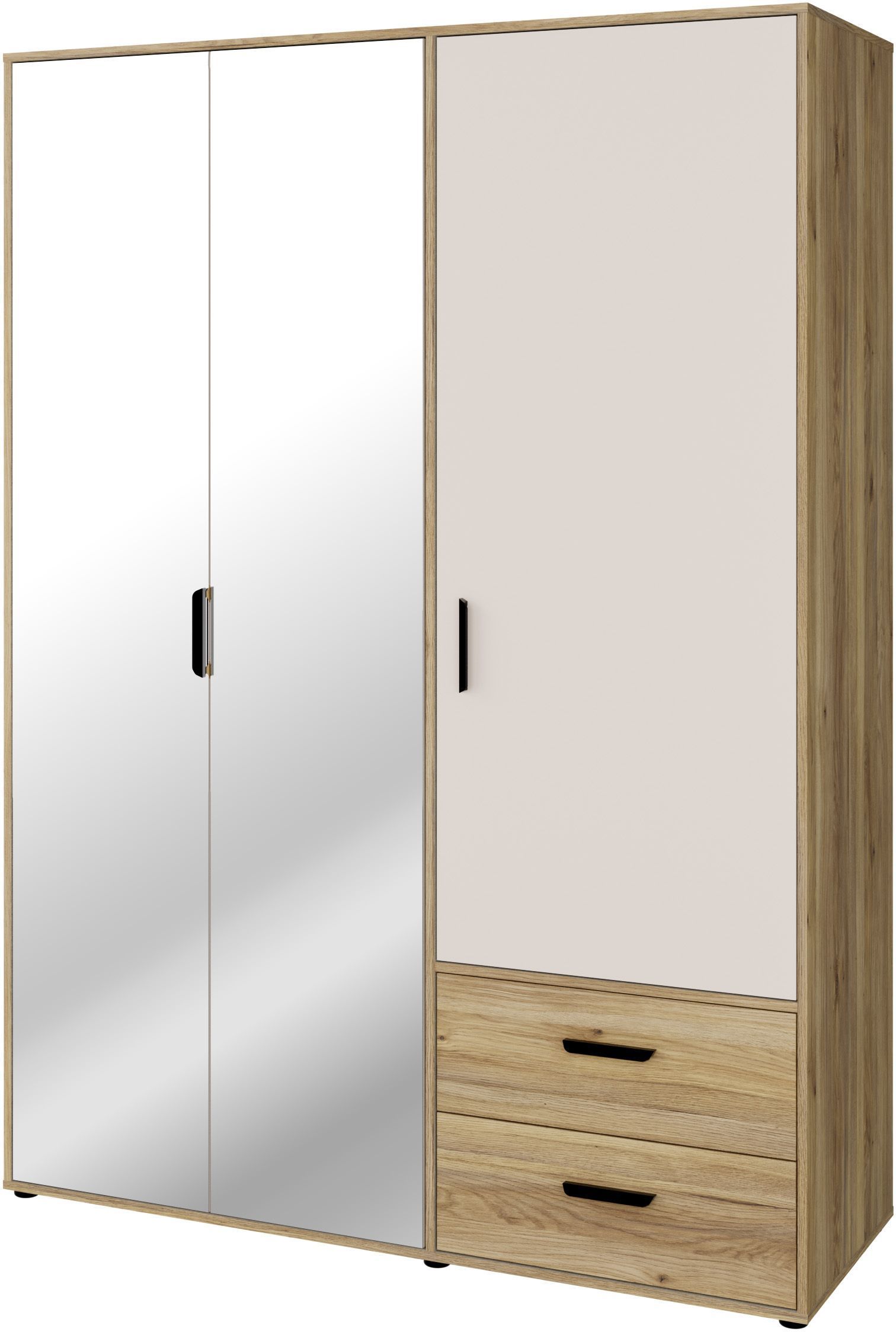 Armoire de chambre - MOKKARO - Décor Chêne et sable - 3 portes battantes - 2 tiroirs - 2 miroirs - L144,4 x P52,7 x H200cm