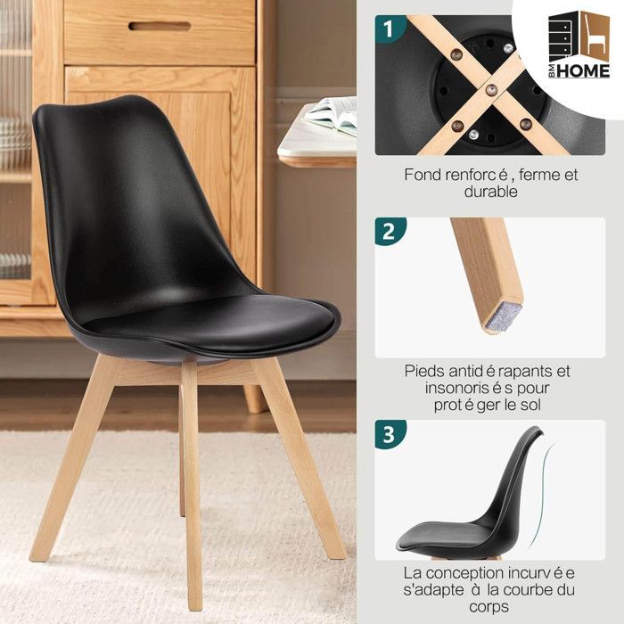2 Chaises Tulipes Salle à Manger Scandinaves Bm Home Salle de Bureau, Pieds en Bois de Hêtre Massif, NOIRS