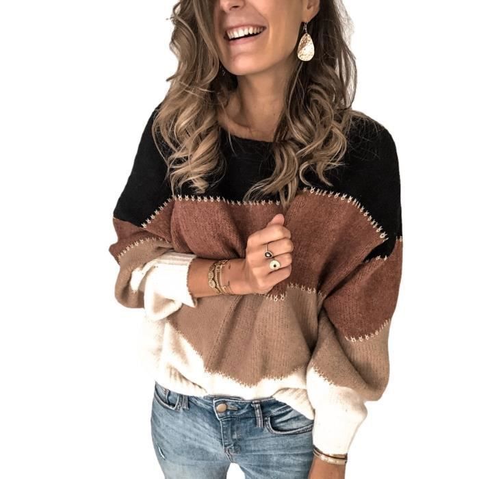 Pull Femme Rayé Chic Col Rond Hauts Manche Longue Hiver Tricoté Noir - FINDPITAYA
