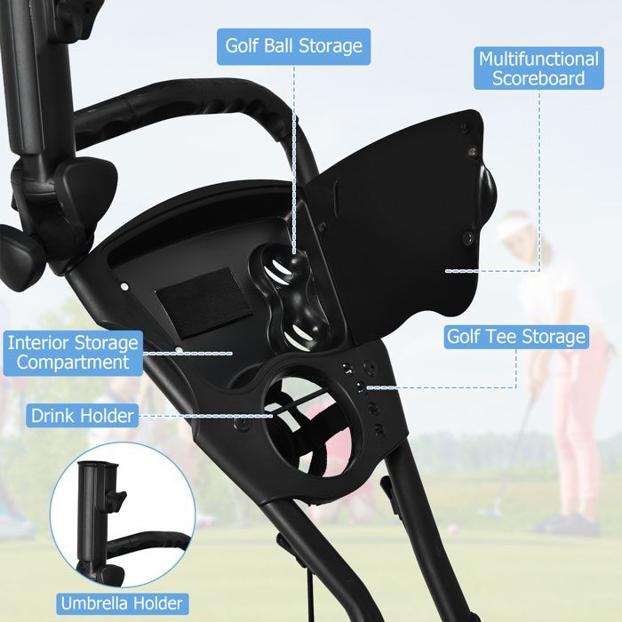 Carrito de golf plegable de 3 ruedas COSTWAY con correa elástica, soporte ajustable para paraguas y portavasos, bolsa con revestimiento de aluminio, color rojo.