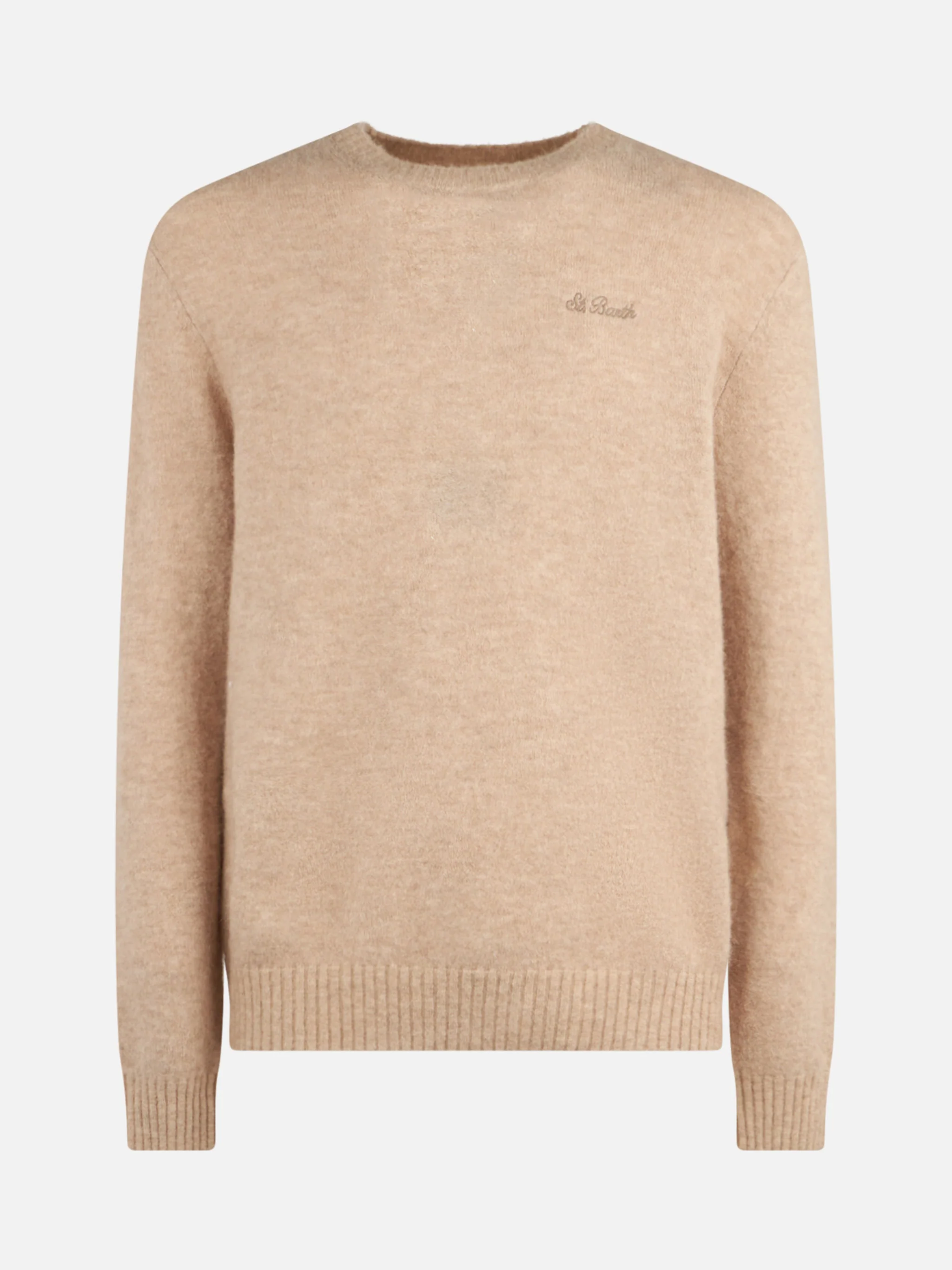 Beige herentrui van stretchwol met St. Barth-borduurwerk.