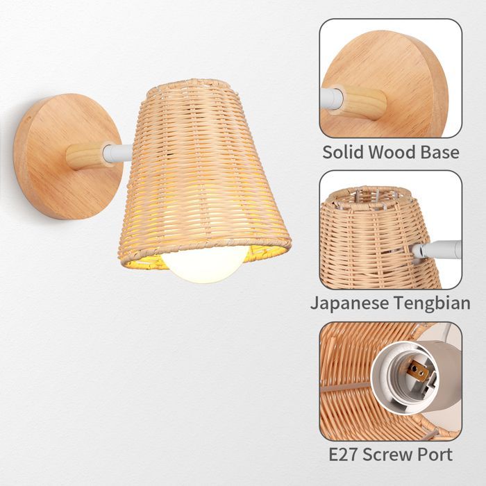 SNOGOLD 2 apliques de pared de ratán tejido, portalámparas E27, pantalla de bambú tejida a mano, lámpara de pared para dormitorio/sala de estar.