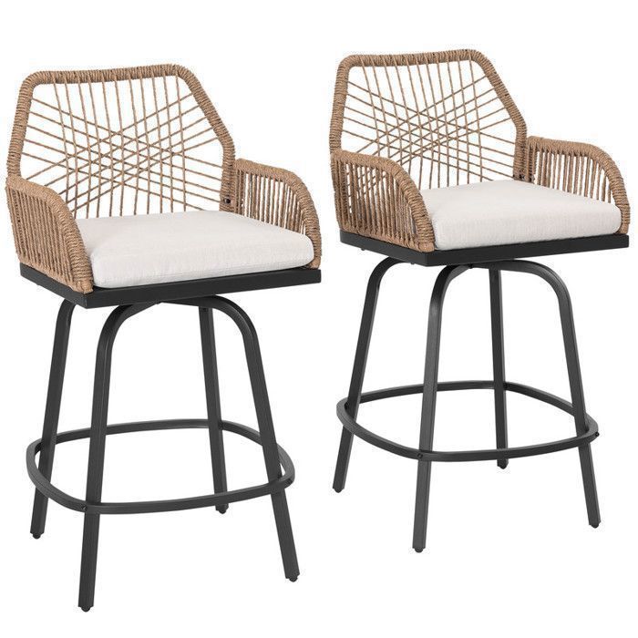 Avestar Lot de 2 tabourets bar extérieur pivotants – Rotin tressé Beige – Dossier haut & repose-pieds – Terrasse, jardin, balcon