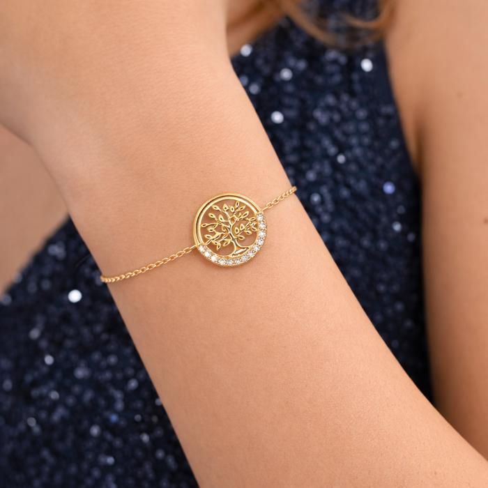 Bracelet ARBRE DE VIE Femme Plaqué Or 18 Carats & Zirconiums – Longueur Réglable 16,5-19,5cm – Bijou Poinçonné Cadeau Porte-Bonheur