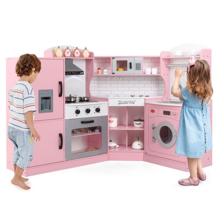 Cocina infantil de madera XXL de COSTWAY - 15 accesorios, efectos de luz y sonido, regalo de lujo rosa para fiestas
