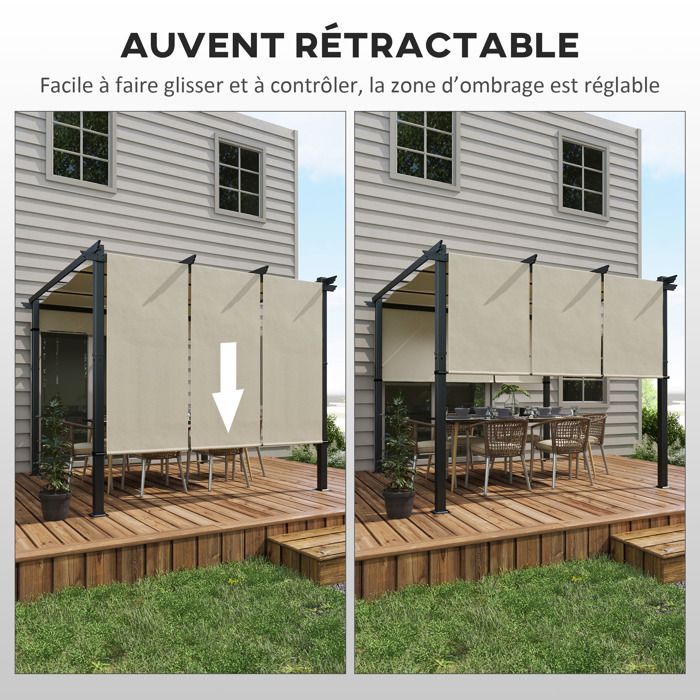 Pérgola Outsunny con 3 toldos corredizos - 3 x 3 x 2,38 m - estructura de acero negro, tejido de poliéster de alta densidad - beige