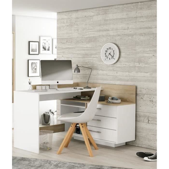 Escritorio esquinero con 3 cajones - Acabado en roble y blanco - 128,5 x 105,7 x 83,2 cm (ancho x profundidad x alto) - THALES