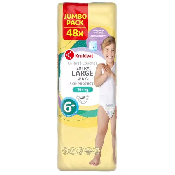 Kruidvat 6+ Extra Large Plus plienky Jumbo balenie<br>veľkosť 6+ (16+ kg), 48 kusov