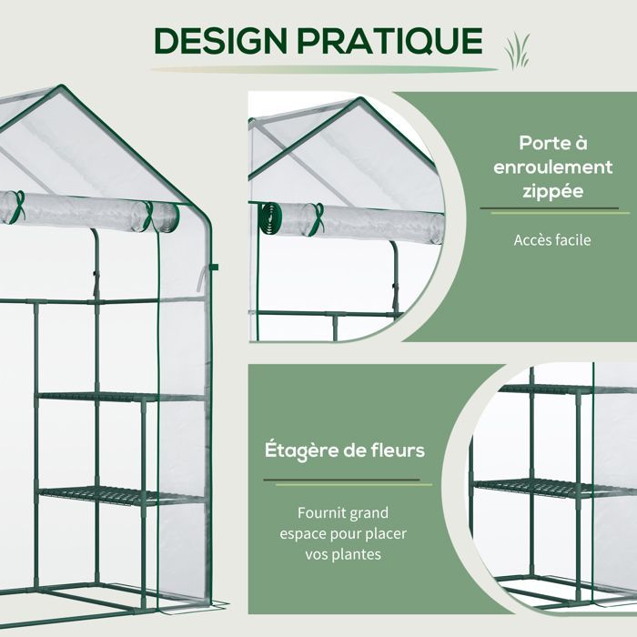 Invernadero de jardín Outsunny - Estantes de 3 niveles, balcón, cubierta reforzada, puerta enrollable con cremallera - Acero - 142x73x195cm - Verde