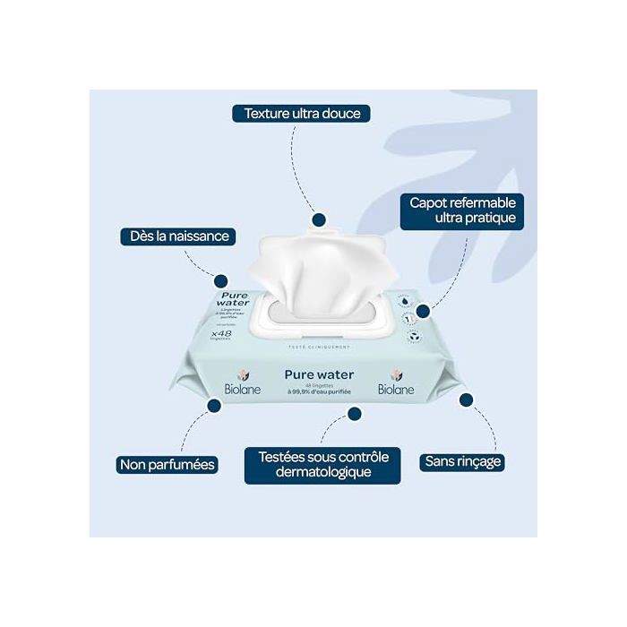 Lingettes bébé - Biolane - Pure Water - À l'eau purifiée - Peaux sensibles - Fabriqué en France