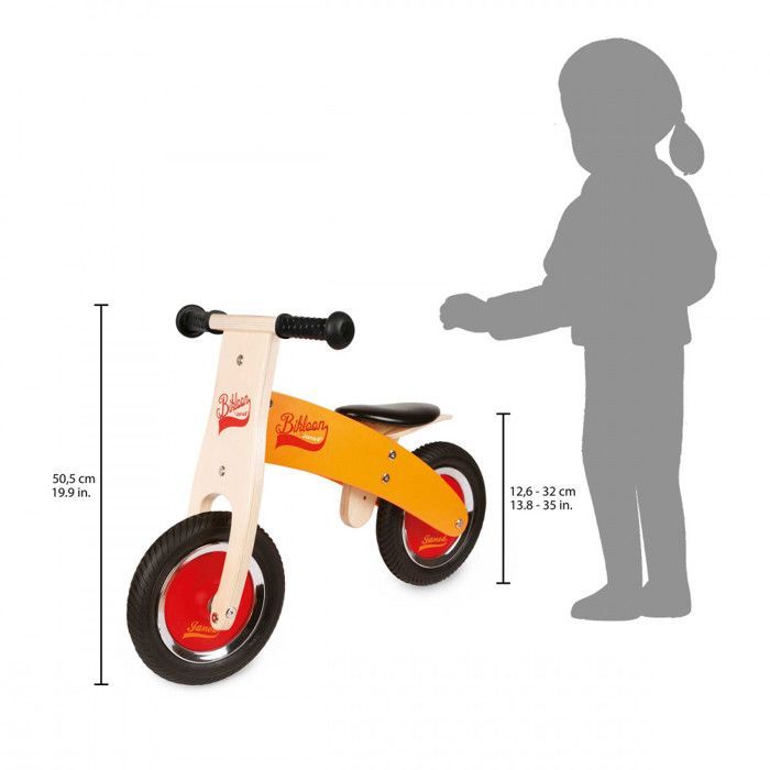 Janod Little Bikloon Wooden Balance Bike - Orange - Ages 2+ - Inflatable Tires - Adjustable Seat