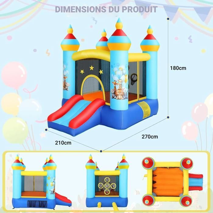 Opblaasbaar kasteel voor kinderen met blower, glijbaan/werpspel/springzone, 270x180x210 cm, binnen/buiten, leeftijd 3 tot 8 jaar