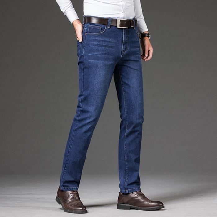 Jeans da uomo a gamba dritta, taglie forti, jeans elasticizzati eleganti, 5 tasche, vita alta, effetto slavato - Blu