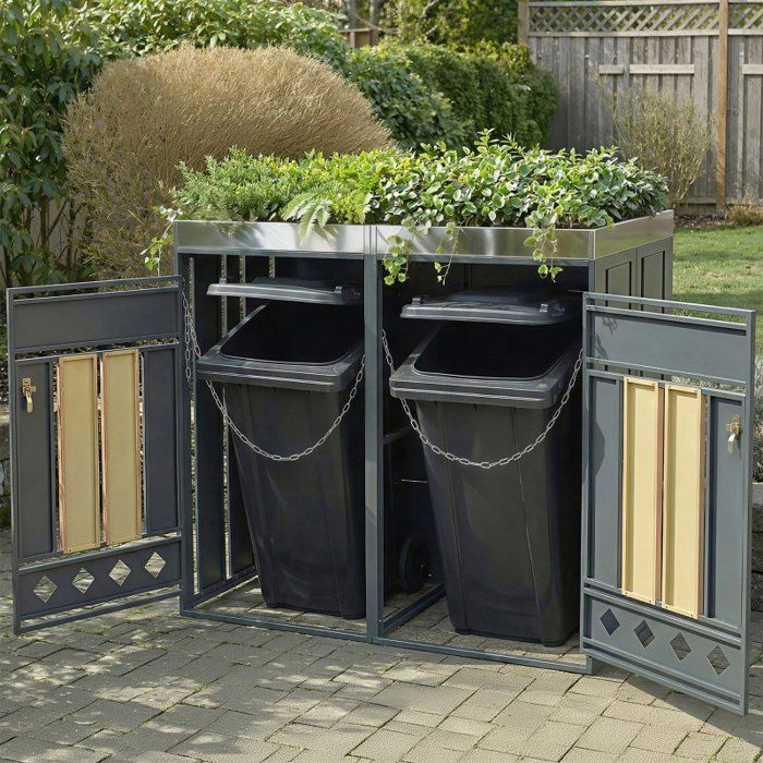Cache-poubelle double - LANGTU - Double Jardinière - Acier galvanisé - Aspect bois gris - Verrouillable