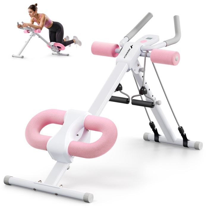 Mave-, gluteal- og armtræningsmaskine – MERACH – 2 hældningspositioner – 5 højdeindstillinger – U-formet pude – LCD-skærm – Maks. 200 kg – Sammenklappelig – Hvid
