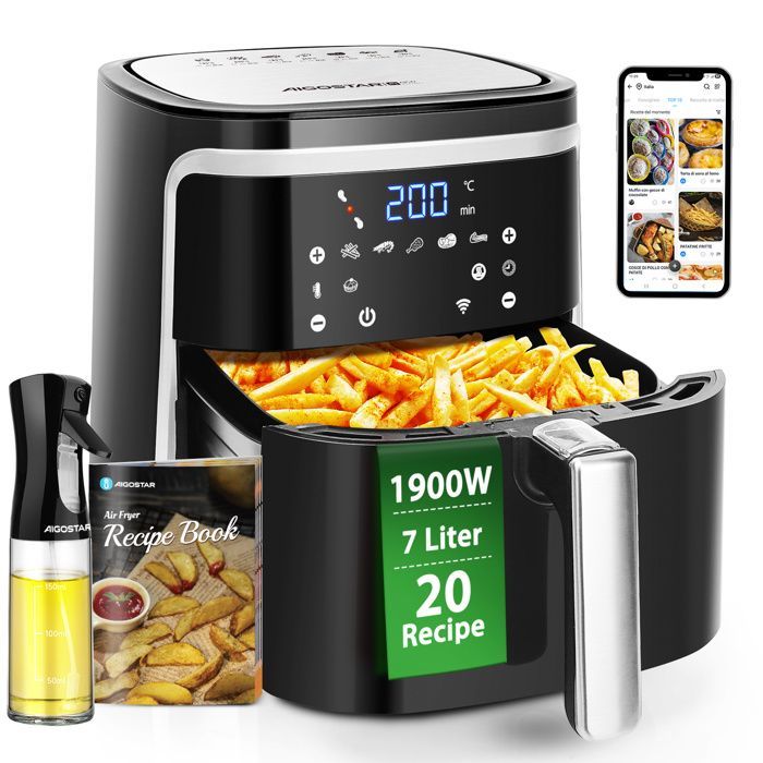 Aigostar Smart Cube - Friggitrice ad aria con connessione Wi-Fi, grande capacità 7 litri. Senza BPA, 1900 W. 7 programmi per mantenere il cibo in caldo.
