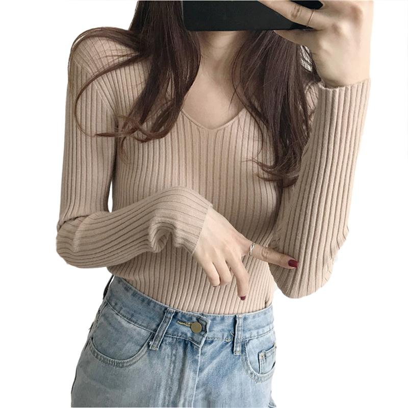 Pull automne-hiver 2020 pour femme, sexy, col V, élégant, coupe ajustée, en maille, manches longues, basique.