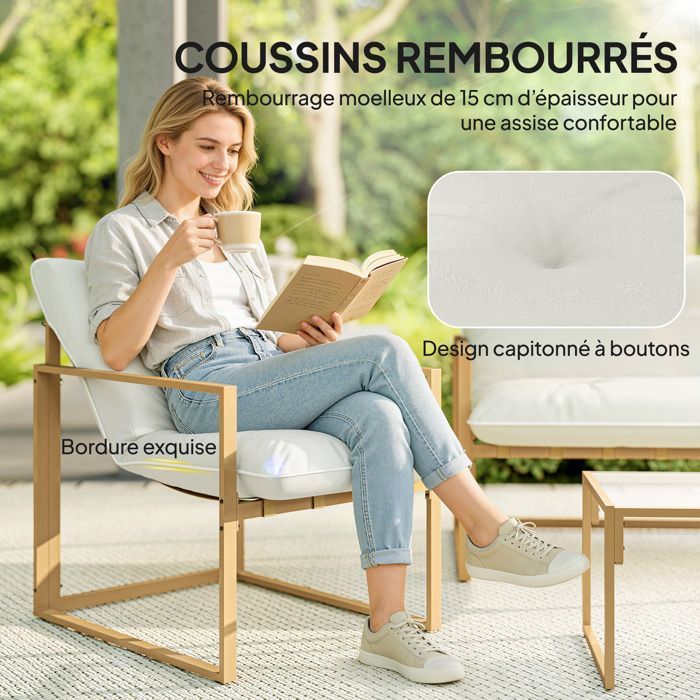 Outdoor garden furniture set - Outsunny - 4 pieces, extra-thick 15cm cushions - 2-seater sofa with coffee table and 2 armchairs - khaki
