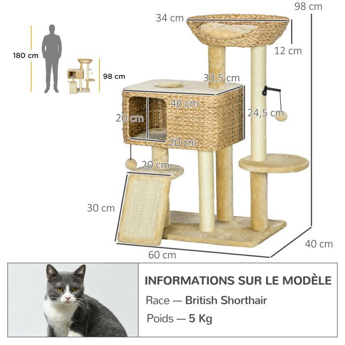 Árbol para gatos PawHut: rascador, guarida, cesta, plataformas de observación, centro con pompón, de felpa, 98 cm de altura, color beige.