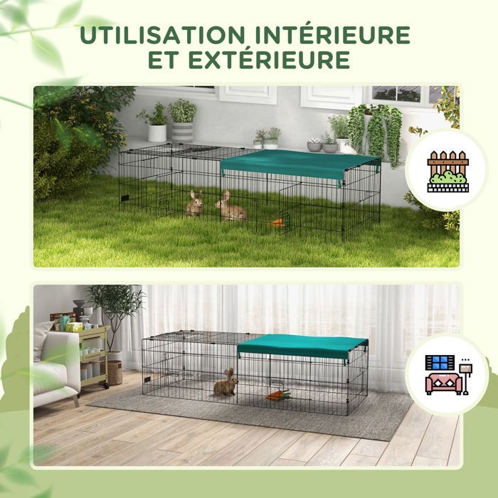 Parc enclos modulable PawHut acier avec bache pour lapins rongeurs petits animaux intérieur extérieur 185L x 75l x 50H cm vert