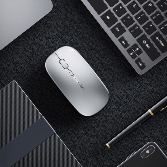 Mouse ottico wireless ricaricabile silenzioso SDLOGAL 2.4G 1600 DPI con ricevitore USB, livello batteria visibile, argento