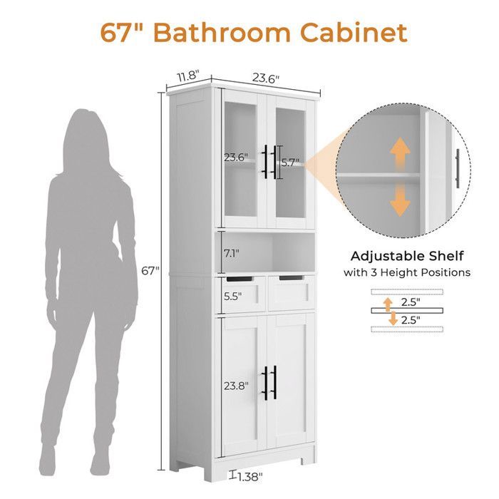 Badkamerkast met 4 deuren en 2 lades, hoge badkamerkast voor woonkamer en keuken, 60x30x170cm, wit