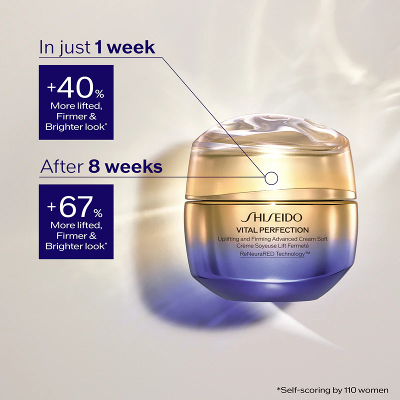 Shiseido Vital Perfection Uplifting and Firming Advanced Cream Soft, um creme firmador leve para uso diurno e noturno.