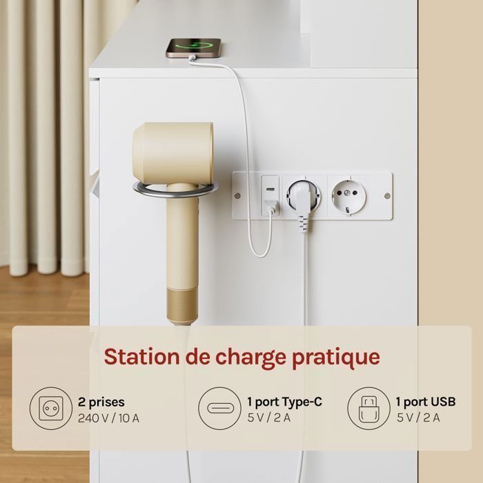 Coiffeuse avec Miroir LED Coulissant et Multiprise - WOLTU Grande Coiffeuse avec 9 Tiroirs - Blanc