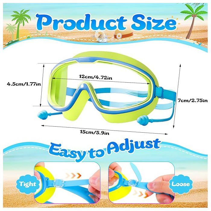 2 gafas de natación infantiles (de 3 a 12 años), antivaho, con protección UV, con protector nasal y tapones para los oídos.