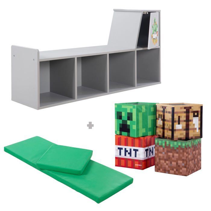 2-in-1 Storage Bench - ROBA - Minecraft - with 2 Cushions and 4 Storage Bins - Grey