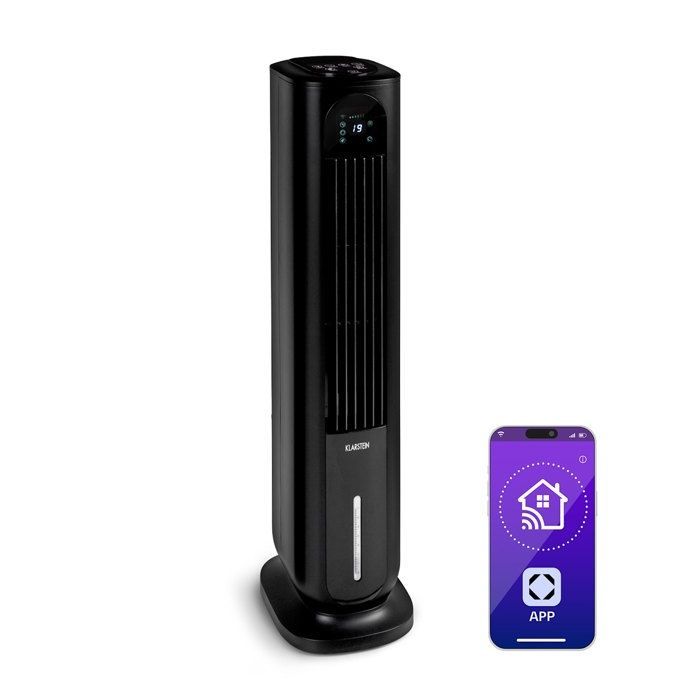 Enfriador de aire inteligente Klarstein Polar Tower - Ventilador 4 en 1 - 3306 m³/h - 7 l - Negro