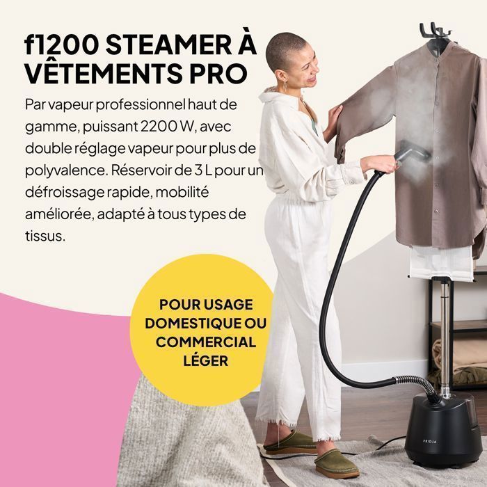 Vaporizador de roupas Fridja f1200 potente, com 2200W de potência, reservatório de 3L, duas configurações de vapor e ideal para todos os tipos de tecido.