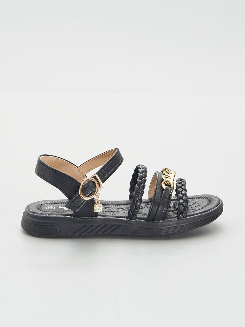 Lage sandalen met gouden kettinkjes - zwart