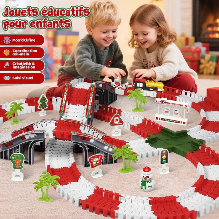 Circuit Voiture Enfant Jouet Noël, MARSEE 233 Pièces Pistes Flexibles avec Train Électrique, Cadeau de Noël pour Garçons 3-8 Ans