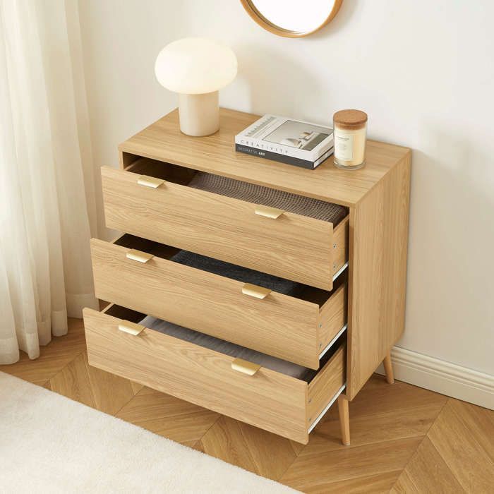 Cómoda JEANNE de 3 cajones con efecto roble, 80 cm - Madera clara