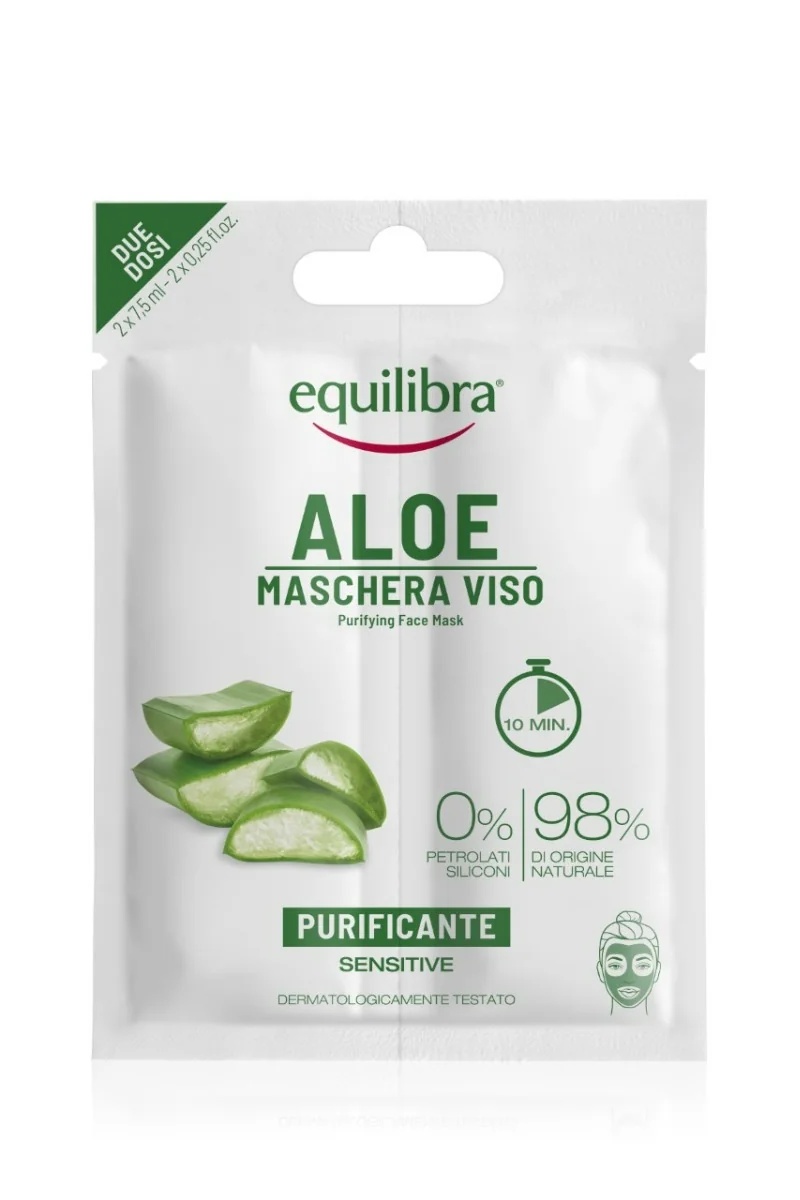 Equilibra Reinigend Gezichtsmasker met Aloë Vera, 2 afzonderlijke doses x 7,5 ml. Bestrijdt onzuiverheden.
