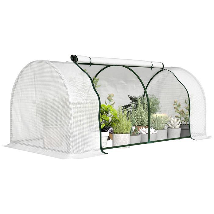 Invernadero de jardín - Outsunny - puerta enrollable con cremallera y cordón - 2 x 1 x 0,8 m - cubierta de PE blanca con ribete de acero verde