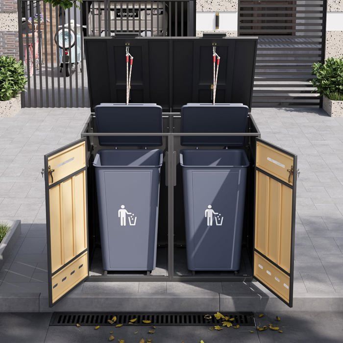 Bin enclosure for two 120-240L bins, wood-look divider cabinet, lockable, with ventilation system
