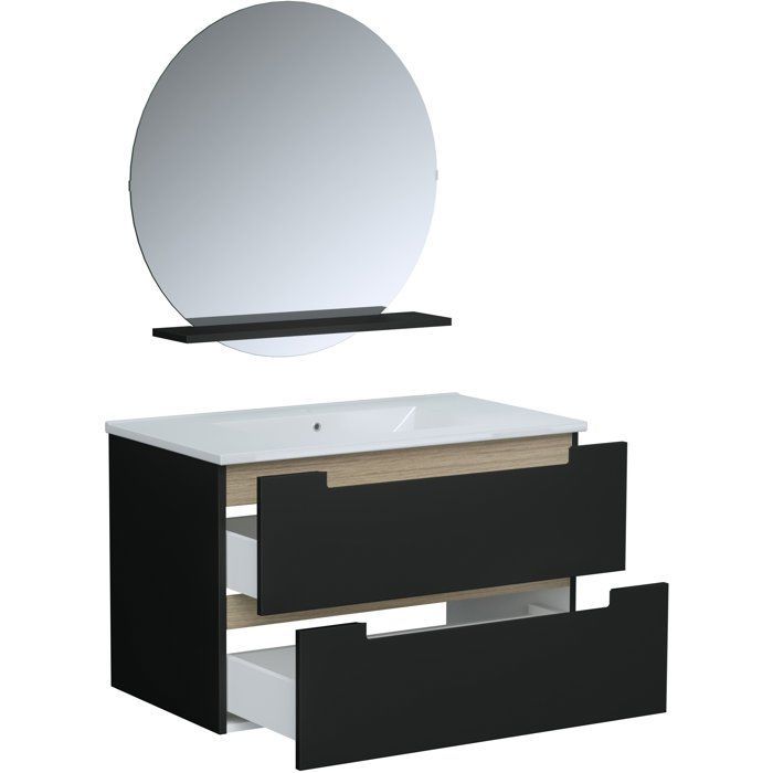 Mueble de baño con lavabo - Negro mate - 80 x 45 x 50 cm - Espejo - PRIZO
