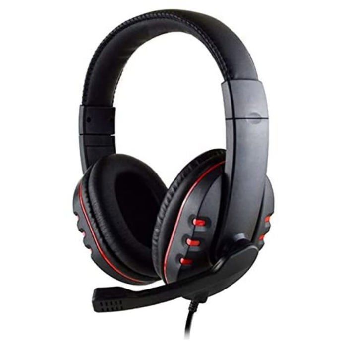 HEDEN bedrade headset met USB-aansluiting, geïntegreerde afstandsbediening, draaibare microfoon en verstelbare hoofdband (zwart en rood)