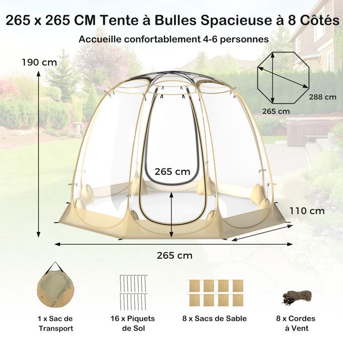 Tienda de campaña plegable de PVC COSTWAY para 5-6 personas con bolsa de transporte y estacas, resistente a la intemperie, 265 x 265 cm