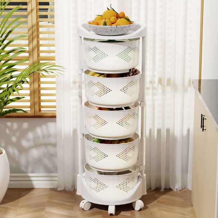 Carrito de almacenamiento de cocina de 5 niveles con ruedas giratorias de 360 grados y cesta giratoria para cocina y baño, blanco, 37x37x88cm